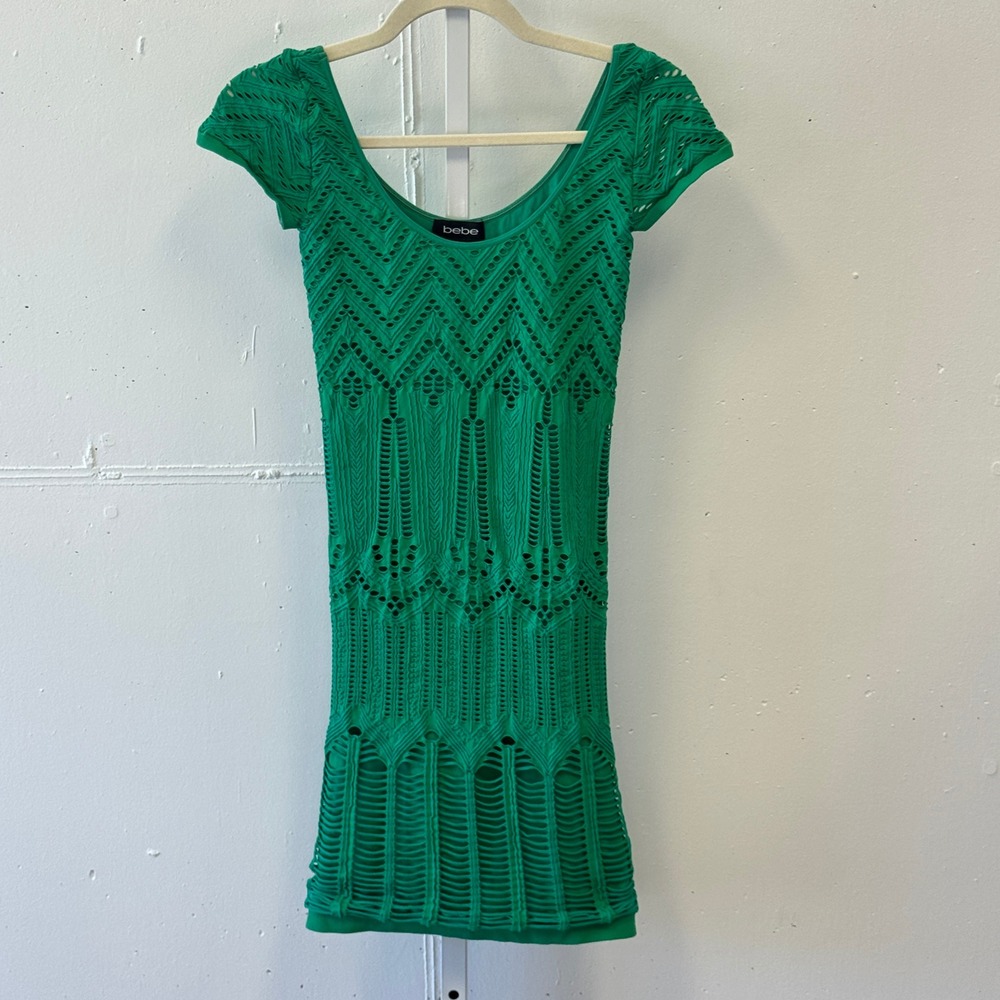 Y2K Bebe Green Crochet Knit Bodycon Mini Dress Short Sleeve Scoop Neck Petite Sm